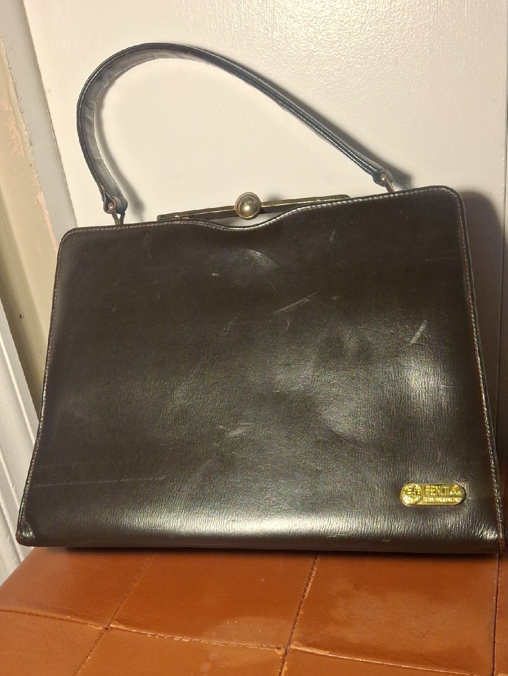 Vintage Upcycle Fendi dark brown leather top-handle handbag with gold logo